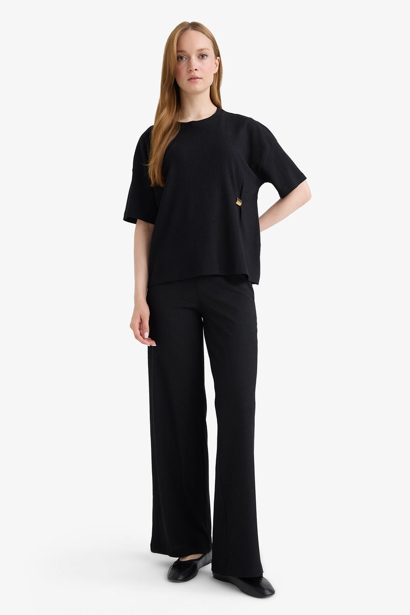 DeFacto Black Woman Straight Fit Waffle Trousers Casual - Image 5